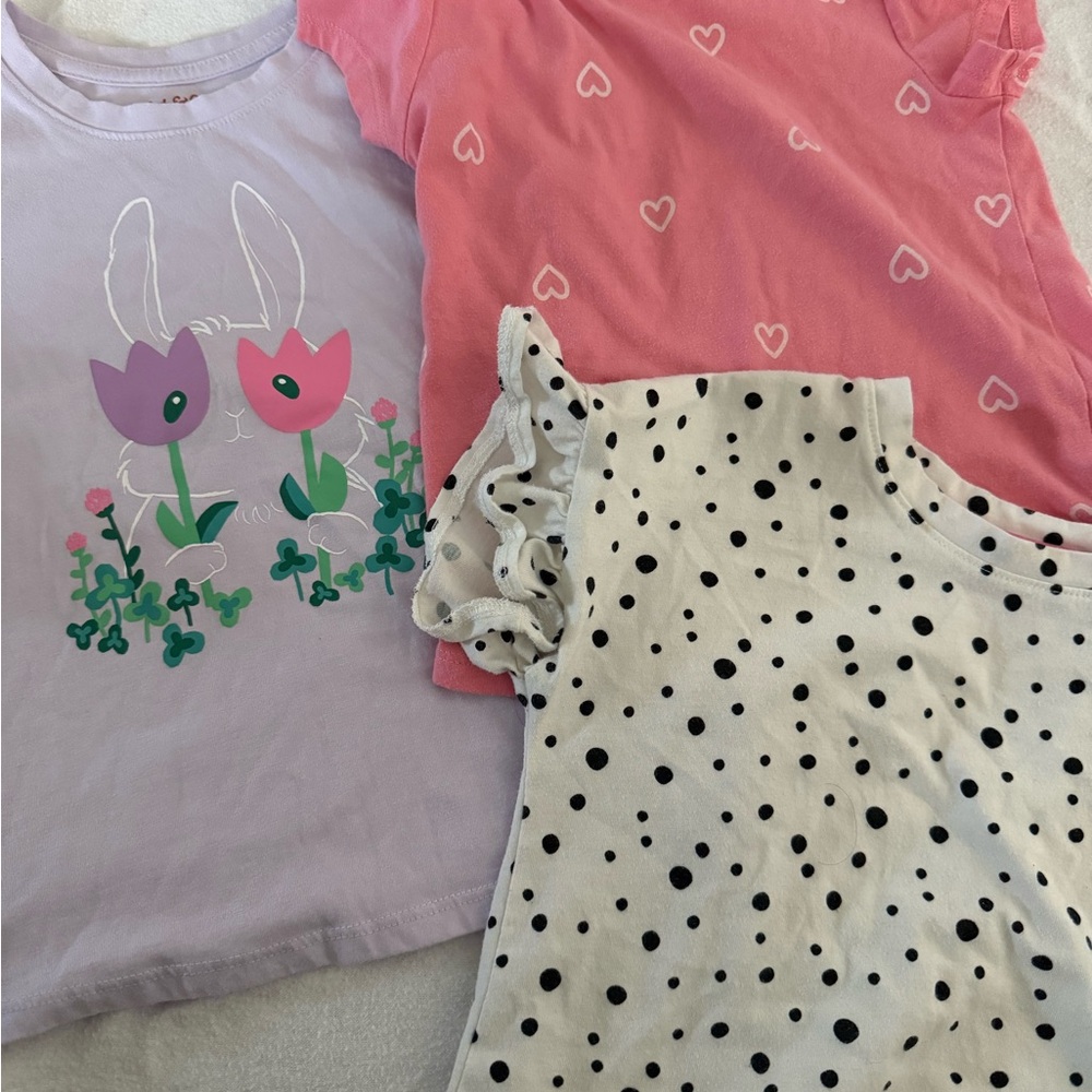Girls Polka Dot & Heart Cotton Tops - Pink, Lavender, White